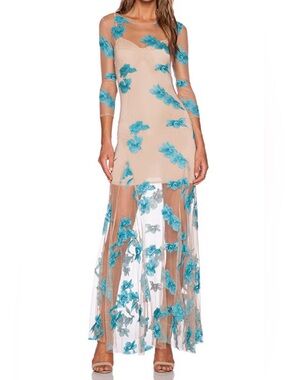 For Love & Lemons Orchid Maxi Dress in Aqua Floral Appliqué S NWOT